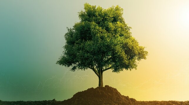 Lush green tree on soil mound, transitioning sky, soft light