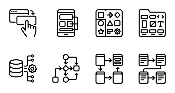UI UX Design Icons Set, Web Development Workflow & App Interface Elements, Data Management & Process Flow Diagrams, Vector Graphics for Digital Projects