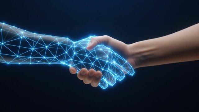 Cinematic glowing digital hand shaking human hand, luminous blue network effects symbolizing trust, collaboration, innovation, and futuristic technological transformation