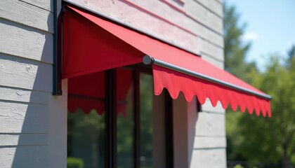 Obraz premium Red fabric awning extends over window offering shade from sun. Building exterior has white wood siding. Modern house facade with outdoor cover provides protection. Sunny day.