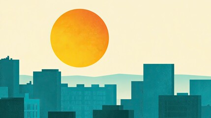 Naklejka premium Stylized urban skyline under a large, textured orange sun