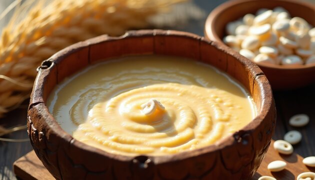 Beninese Degue millet porridge with fresh milk served in a calabash bowl. Sweet grain dish with creamy texture ready for breakfast or snack. Authentic African cuisine.