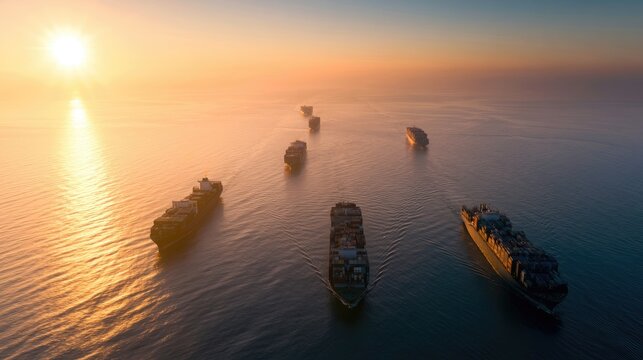 Cargo ships traverse calm ocean waters under a bright, warm sunrise
