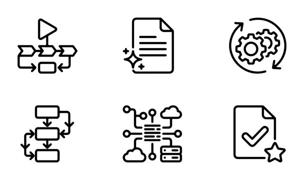 Workflow Process Icons, Business Flowchart Symbols, Technology Network Diagrams, Document Management Icons, Vector Set for Project Planning and Data Management