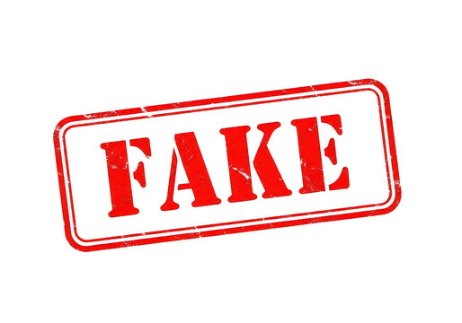 Red rubber stamp impression with the word fake in bold capital letters showing a distressed grunge texture effect for verification and authenticity isolated on a transparent background