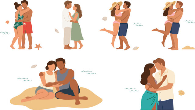 Beach Romantic Couples Collection with Summer Love, Hugging Partners, and Seaside Affection Moments in Modern Flat Vector Illustration Style