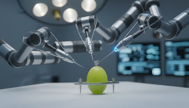 Robotic surgical arms precisely operating on a single grape in a futuristic operating room