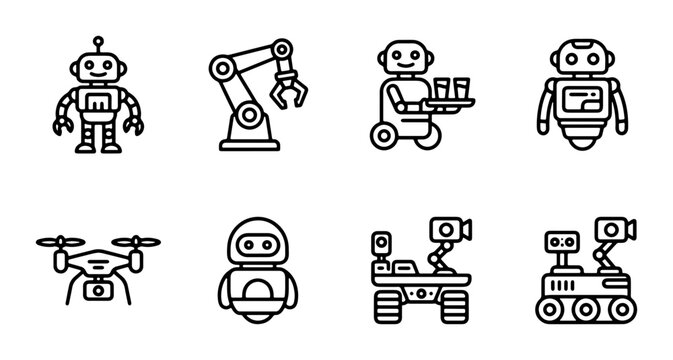 Robot Icons Set, Futuristic Android and Automation Machine Graphics, AI Technology Vector Collection, Future Industry and Science Symbols