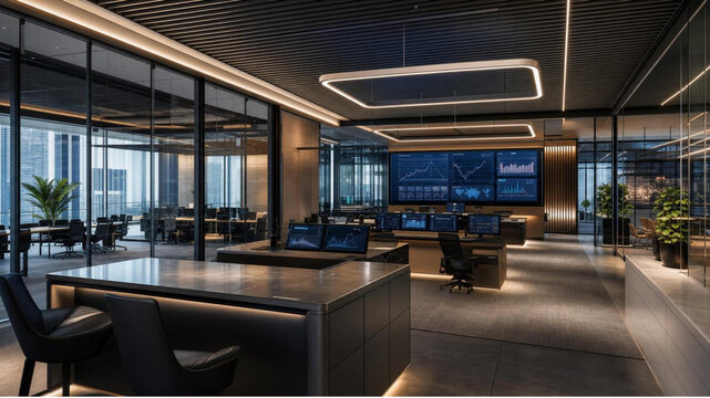 Modern Executive Office with Financial Data Monitoring and Analytics Screens 