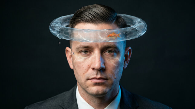 Surreal Portrait of Businessman with Water Halo and Swimming Goldfish