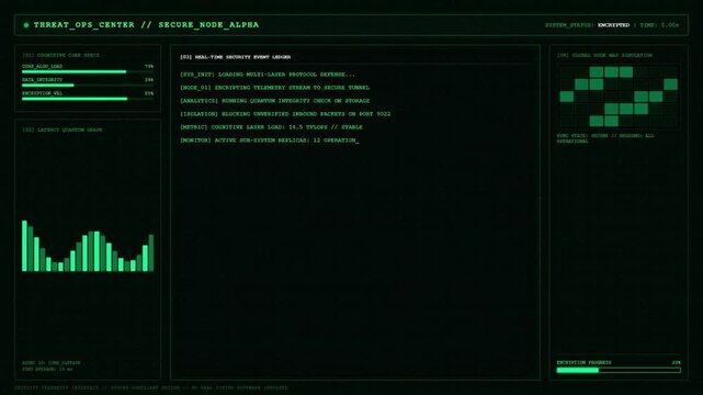 Futuristic Threat Ops Center Secure Node Alpha Cyber Security Green UI Terminal Screen Display.