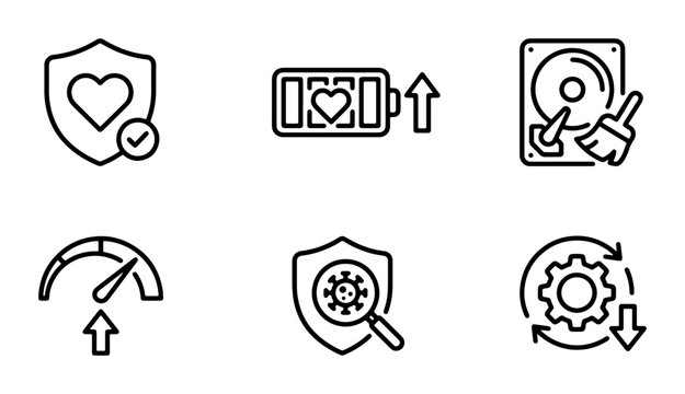 Cybersecurity and Health Icons: Shield, Battery, Hard Drive, Speedometer, Virus Scan, Settings Vector Set