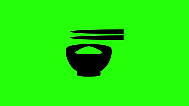 4K layout featuring a steaming hot asian rice bowl with a pair of sticks inserted bouncing cleanly. Elegant tactical popup icon for oriental restaurant app.