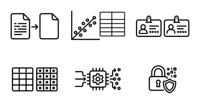 Data Management Icons: Document Flow, Scatter Plot, ID Cards, Grids, CPU Chip, Secure Lock. Business Analytics & Security Vector Set.