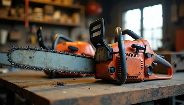 Two orange chainsaws rest on a workbench in a workshop. Tools and materials are stored on shelves in the background. A window lets in natural light.