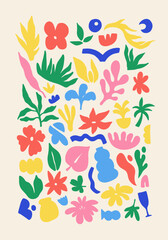 Obraz premium Colorful Botanical Element Collection with Abstract Flowers and Organic Shapes Portrait Layout