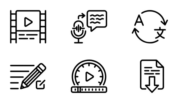 Video Production, Translation, Transcription, Content Creation Icons Set, Digital Media Workflow Symbols, Vector Graphics