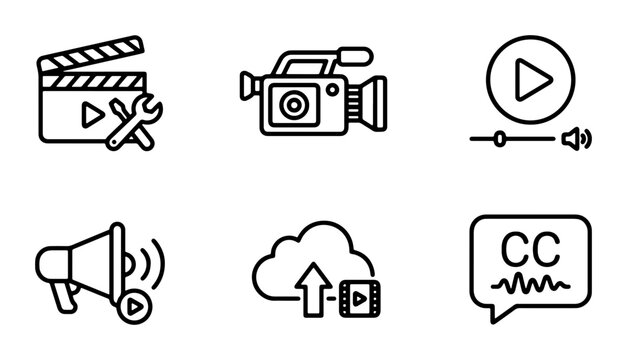 Video Production Icons Set, Film Making Tools, Media Playback Controls, Audio Settings, Cloud Upload, Subtitles, Vector Graphics for Content Creation