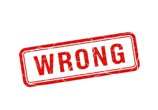 Distressed red rubber stamp impression with the word wrong in bold capital letters for error notification or negative feedback concept isolated on a transparent background
