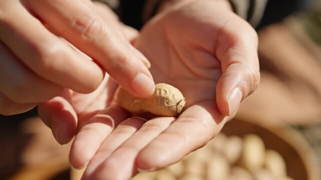 Close-up of a person holding a peanut in their hands, demonstrating the texture of the shell