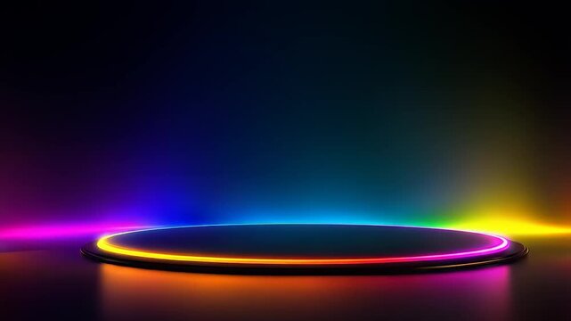 A glowing, circular platform illuminates a dark space with vibrant neon colors