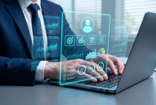 Digital HR interface showing employee KPI data, staff performance charts and productivity dashboards utilized by management for workforce assessment and human resource data driven decision making