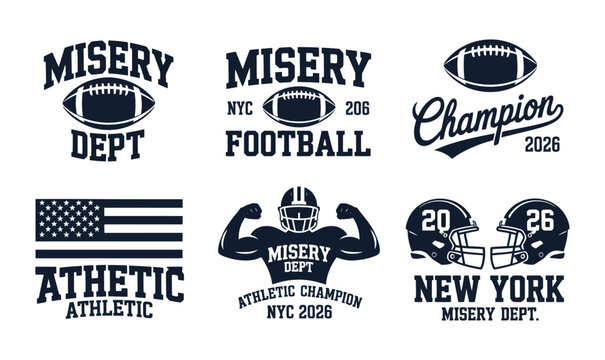 Vintage American football typography emblem set with sport mascot and varsity badges