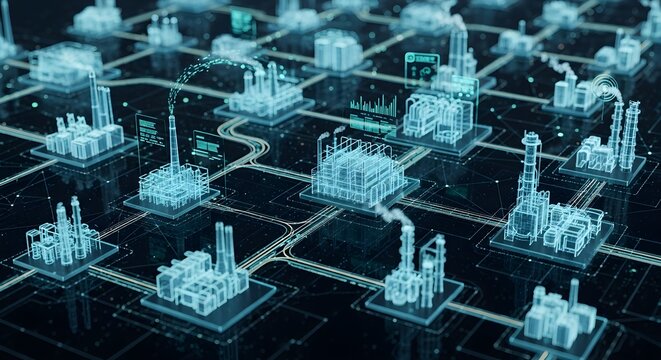 Futuristic digital blueprint of interconnected industrial factories