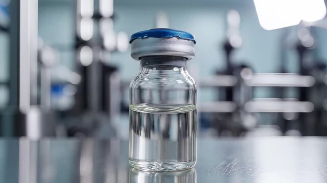 Single sterile multi-dose vaccine vial with blue cap in a laboratory setting, representing medical advancement