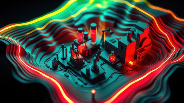 Isometric factory complex. Vibrant neon colors highlight industrial structures, creating futuristic landscape. Dark background emphasizes glowing details.