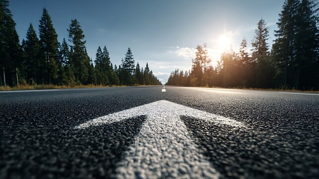 Open road with painted arrow guiding forward, sunlight peaking through trees