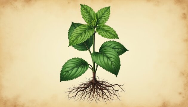 Vintage style illustration of peppermint plant with detailed leaves and root system. Natural botanical drawing on aged parchment background.