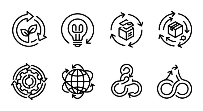 Circular Economy Icons Set, Sustainability Symbols, Recycling Arrows, Infinite Loop, Eco-Friendly Concepts, Business Strategy Graphics, Vector Collection