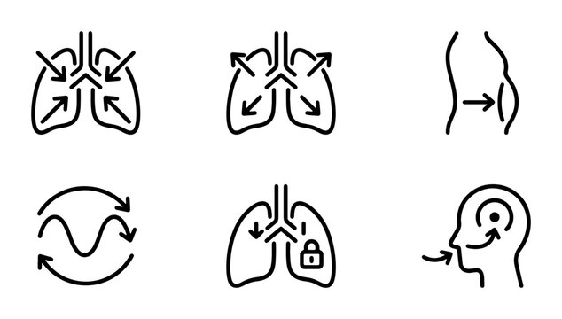 Medical Respiratory System Icons, Lung Function Diagrams, Breathing Exercises, Health & Wellness Symbols, Science & Healthcare Vector Set