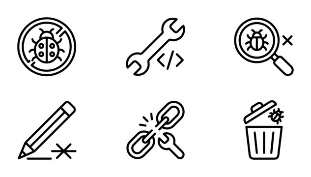 Software Development Icons: Bug Fixing, Coding Tools, Link Building, Debugging, Trash Bin, Vector Graphics Set