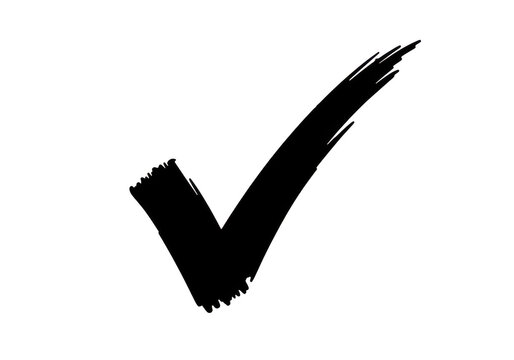 Hand drawn white check mark symbol with a rough textured brush stroke style on a clean solid background, for business success, and task completion isolated on a transparent background