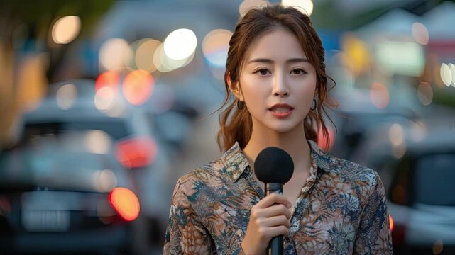 Woman speaking into a microphone outdoors, city lights blurred in background