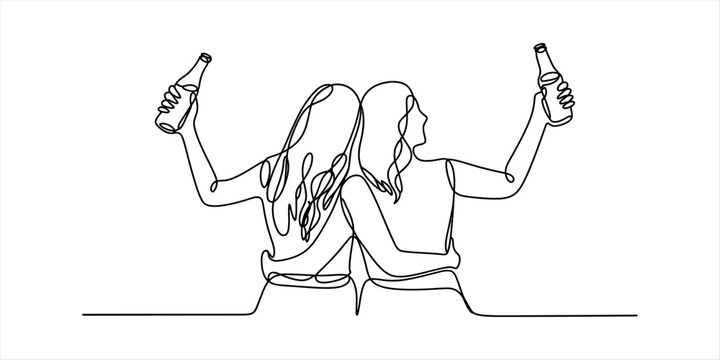 Two friends holding up beer bottles, continuous line art drawing Vector, illustration