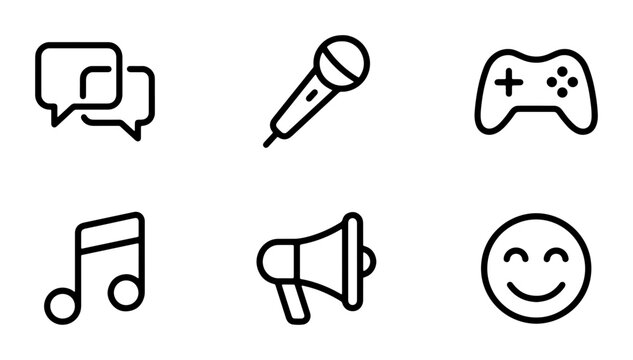 Communication, Music, Gaming Icons: Speech Bubbles, Microphone, Game Controller, Music Note, Megaphone, Smiley Face Vector Set