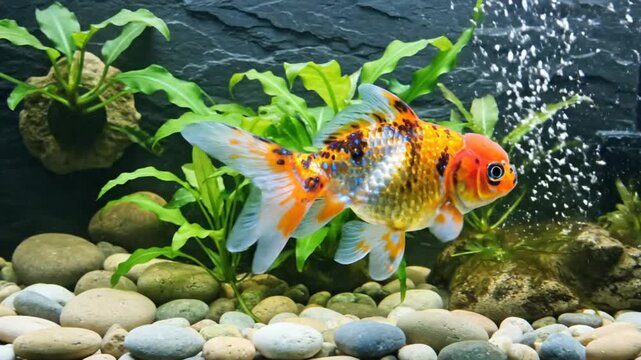 Colorful Fancy Goldfish Swimming in a Well-Decorated Freshwater Aquarium Tank with Live Green Plants and Gravel