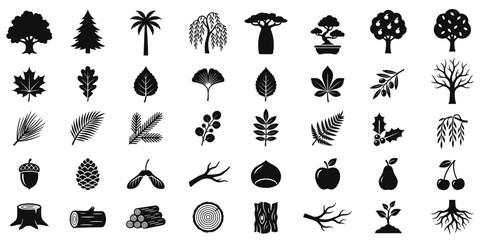 Obraz premium Tree and plant icon set with various tree types, leaves, branches, fruits, seeds, stumps