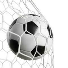 Fototapeta premium Soccer ball hitting the back of the goal net isolated on white background