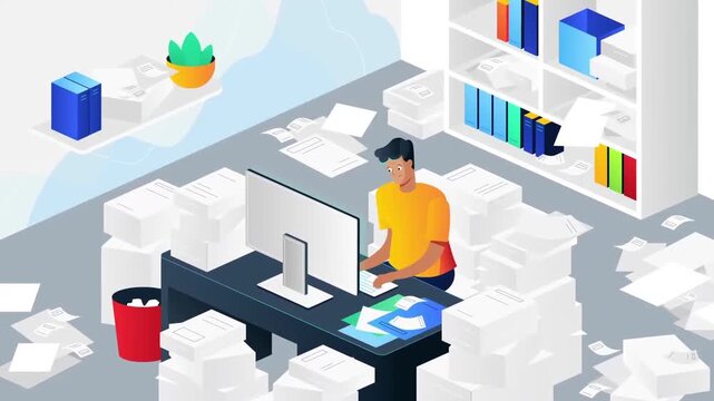 Isometric 2D animation of a stressed worker at computer desk surrounded by scattered papers messy unorganized office workspace