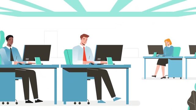 2D animation of modern office workspace floor with corporate professional employees working on desktop computers