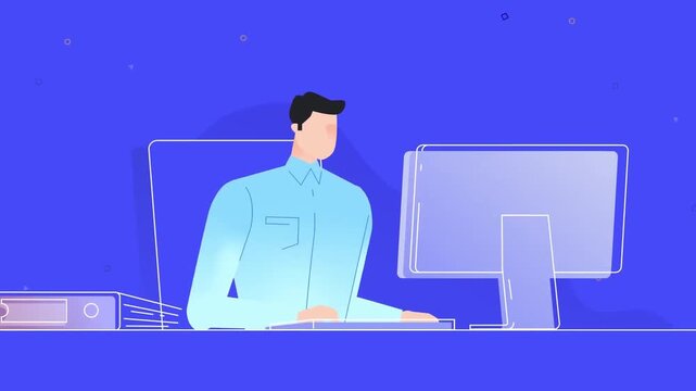 2D animation of a professional businessman or developer working on desktop computer late at night dark background