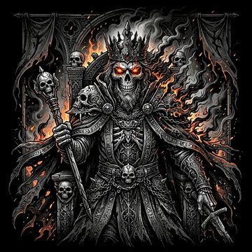 Dark king skeleton sitting on throne holding scepter and sword with fire and skulls.
