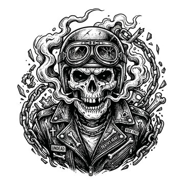Biker skull wearing a helmet and leather jacket with chains and smoke around it.