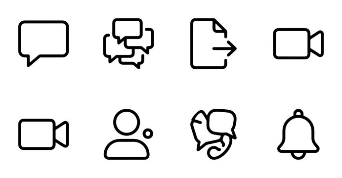 Communication and Media Icons: Chat Bubbles, Document Upload, Video Cameras, User Profile, and Notification Bell Vector Set for Digital Interfaces