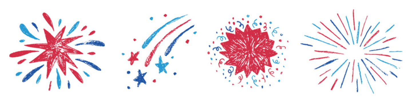 Hand drawn firework and starfall with USA flag colors. America Independence Day fourth of July doodle elements collection