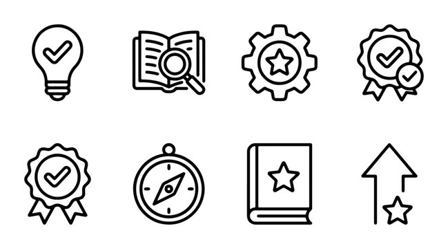 Vector Icon Set: Achievement, Quality, Success, and Navigation Symbols. Includes Award Badges, Book, Lightbulb Idea, Gear, Compass, and Growth Chart. Clean Line Art for Business and Education